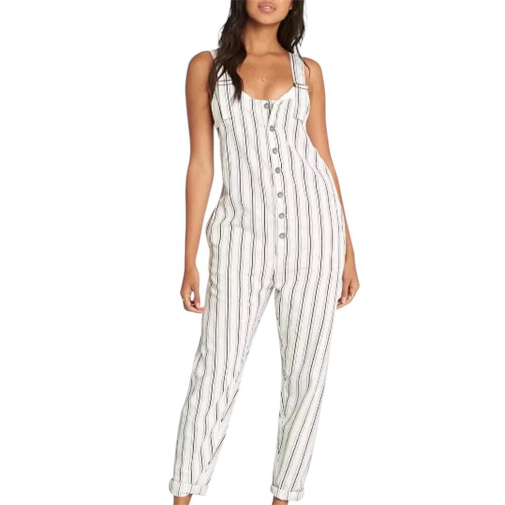 Billabong Womans Striped White Denim Overalls